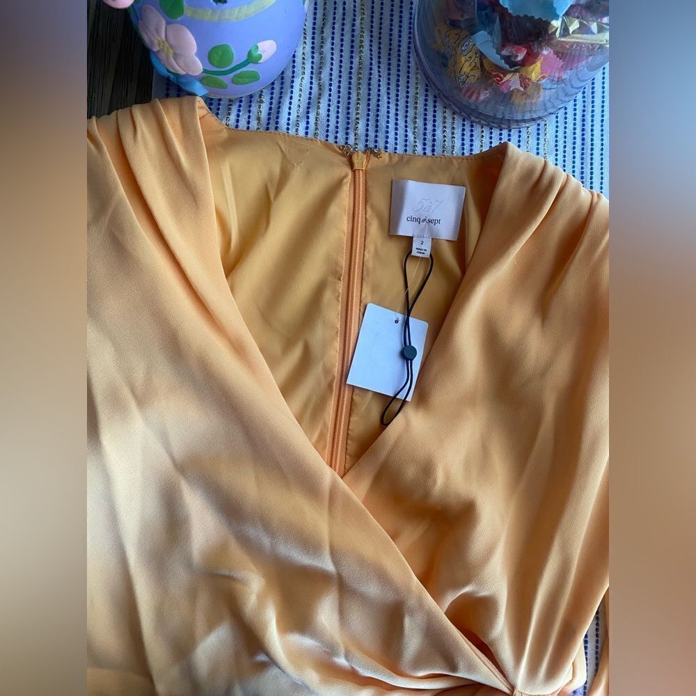 CINQ a SEPT Yellow Orange Sierra Wrap Front Crepe Long Sleeve Mini Dress Sz 2 - Picture 8 of 14